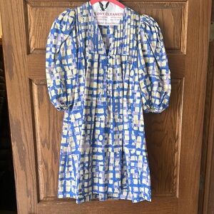 Blue and Tan Patterned Dress - worn once.  Freshly cleaned.  XS.  Hunter Bell
